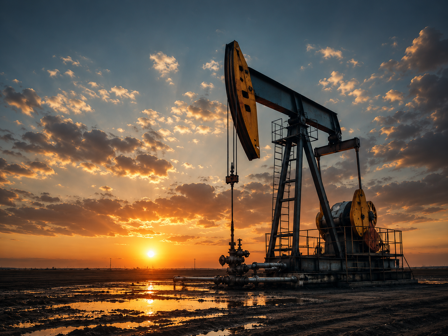 Oil pumpjack operating at sunset