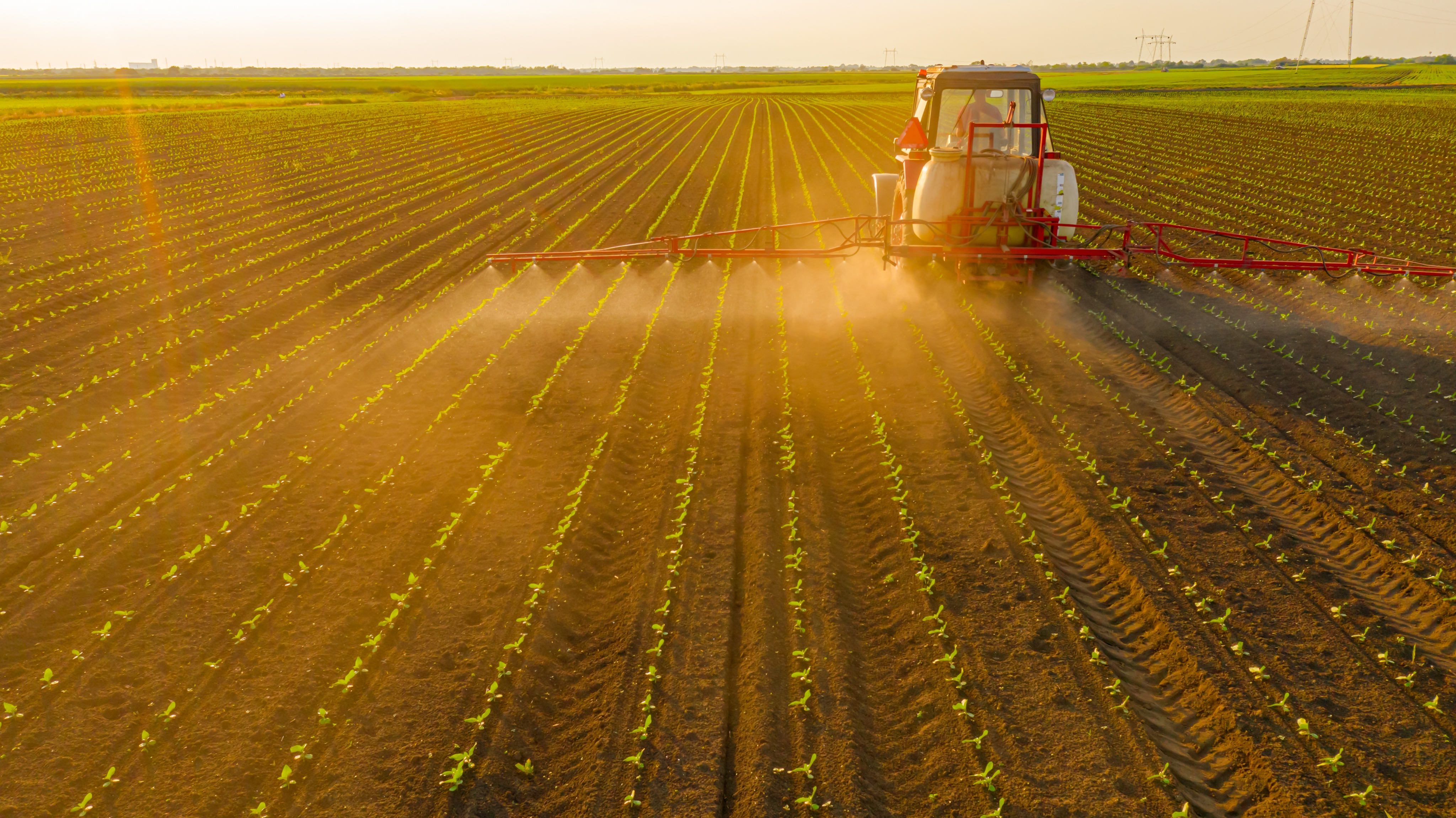 Crop spraying tractor in a large field